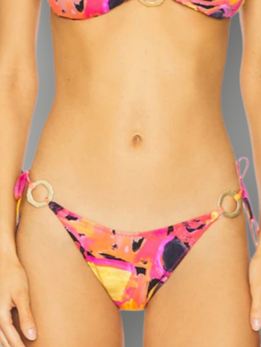 YLLW Women's Large Abstract Watercolor Print Tie-Side Bikini Bottom Gold Ring